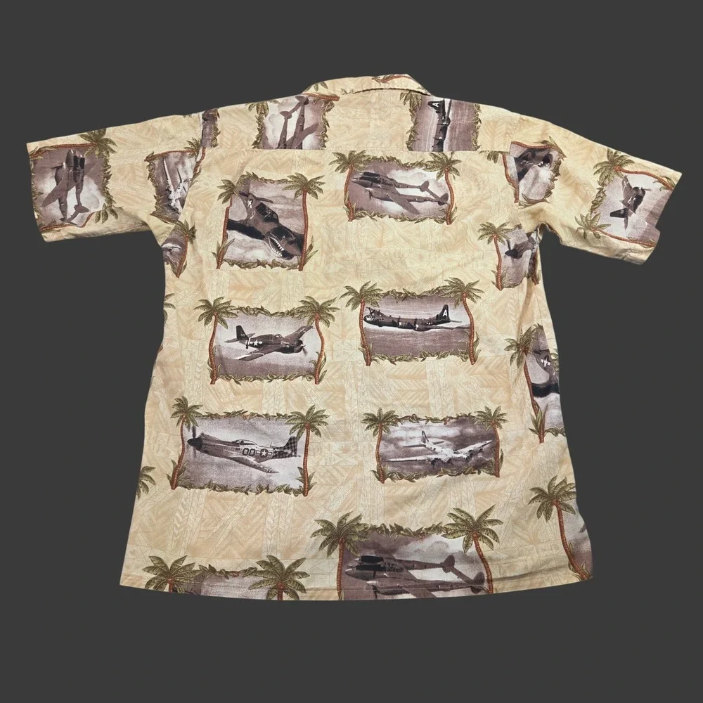 Vintage Johnny Cotton Button Up Shirt Small Tan Military Plane Hawaiian Made USA